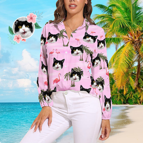 Custom Cat Face Hawaiian Shirts Pink Flamingo Vintage Long Sleeves Hawaiian Shirts for Women - MyFaceSocksAu