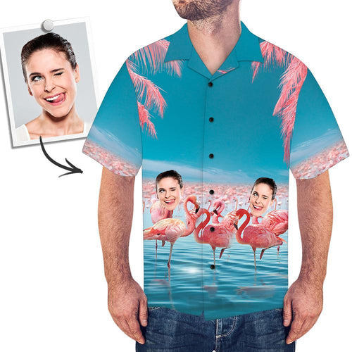Custom Face Hawaiian Shirt Men's Photo Shirt All Over Print Shirt - Pink Flamingo