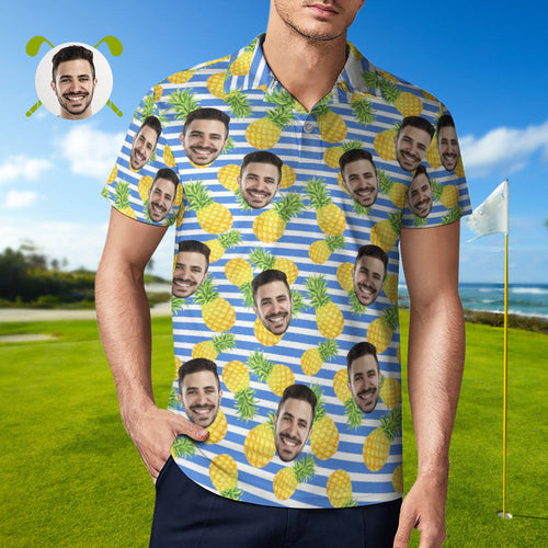 Men's Custom Face Polo Shirt Blue Stripes with Pineapples Personalised Hawaiian Golf Shirts - MyFaceSocksAu
