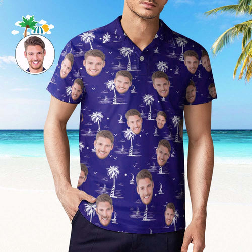 Custom Face Polo Shirt For Men Coconut Tree Island Personalised Hawaiian Golf Shirts - MyFaceSocksAu