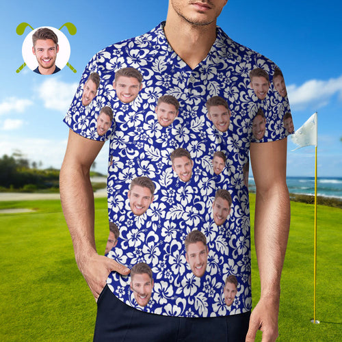 Custom Face Polo Shirt For Men Personalised Blue Hawaiian Golf Shirts - MyFaceSocksAu