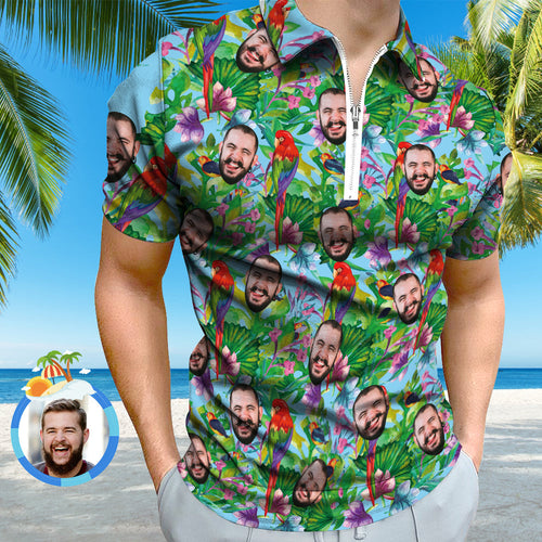 Custom Polo Shirt with Zipper Personalised Face Hawaiian Style Men's Polo Shirt for Him - MyFaceSocksAu
