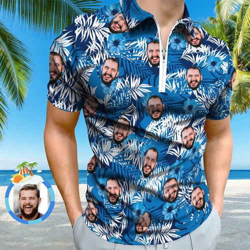 Custom Face Polo Shirt with Zipper Personalised Hawaiian Style Polo Shirt for Men - MyFaceSocksAu