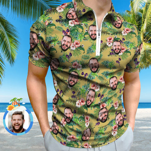 Custom Funny Polo Shirt with Zipper Personalised Face Hawaiian Style Polo Shirt for Men - MyFaceSocksAu