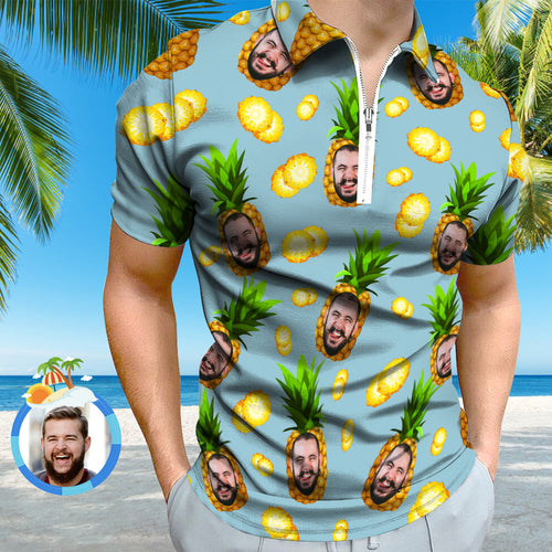Custom Face Polo Shirt with Zipper Personalised Funny Pineapple Pattern Men's Polo Shirt - MyFaceSocksAu