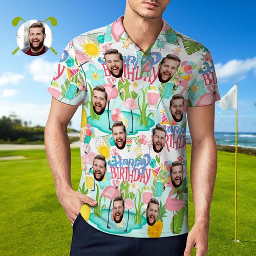 Custom Polo Shirt Hawaiian Golf Polo Shirts Happy Birthday Flamingo Party - MyFaceSocksAu