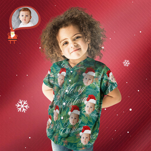 Custom Face Personalised Merry Christmas Kid's Hawaiian Shirt All Over Print Leaves