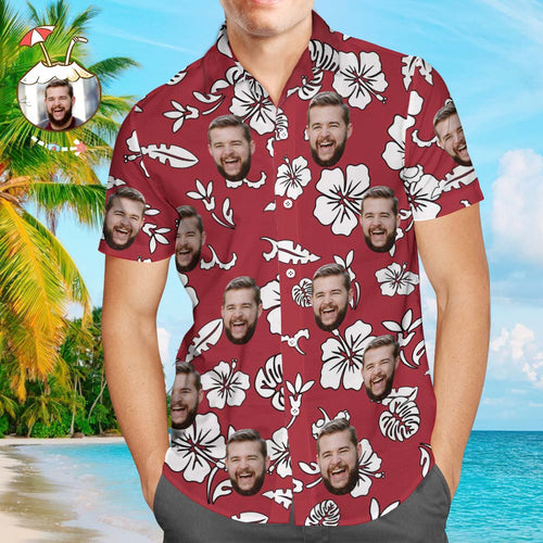 Custom Face Hawaiian Style Red Long Dress And Shirt Couple Outfit White Flowers Design