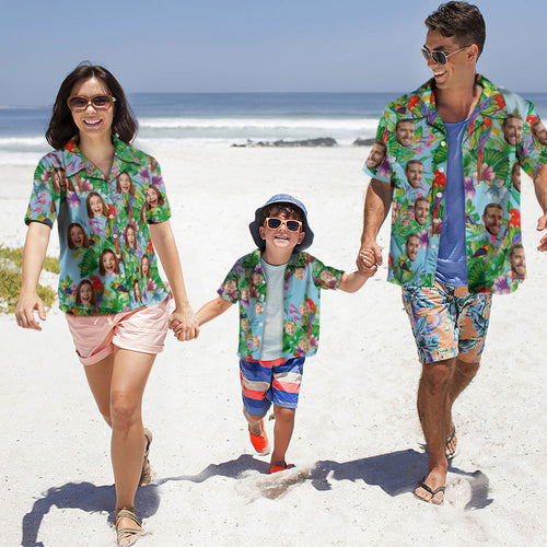 Custom Photo Hawaiian Shirt Couple Outfit Parent-child Wears Personalised Face Hawaiian Shirt Gift Colorful Parrot