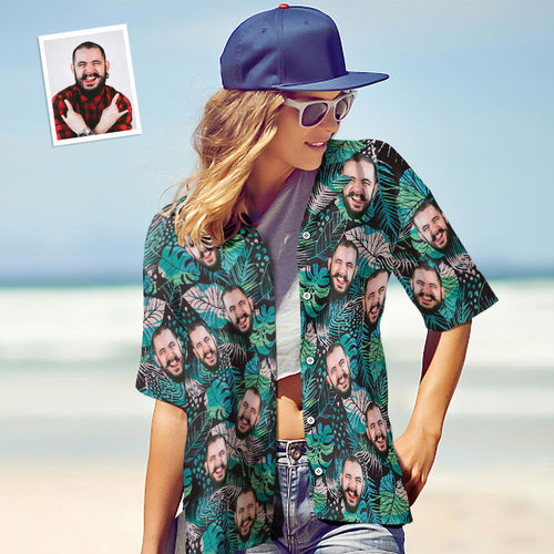 Custom Face Shirt Personalized Photo Women's Hawaiian Shirt Gift - Large Leaves Short Sleeve Shirt - MyFaceSocksAu