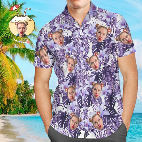 Custom Face Shirt Men's Hawaiian Shirt Purple Flowers - White - MyFaceSocksAu