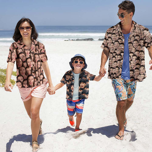 Custom Photo Hawaiian Shirt Couple Outfit Parent-child Wears Personalised Face Hawaiian Shirt Gift Face Mash