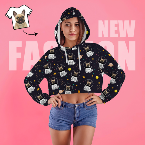 Custom Face Women's Cropped Hoodie Casual Printed Photo Black Pullover - Space Dog - MyFaceSocksAu
