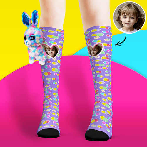 Custom Socks Knee High Face Socks Rabbit Doll Colorful Polka Dot Socks - MyFaceSocksAu
