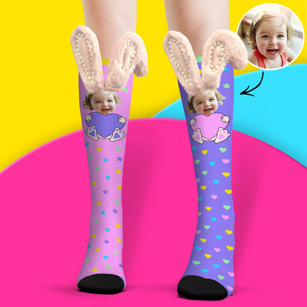Custom Socks Knee High Face Socks 3D Bunny Ears with Pearls Socks - MyFaceSocksAu