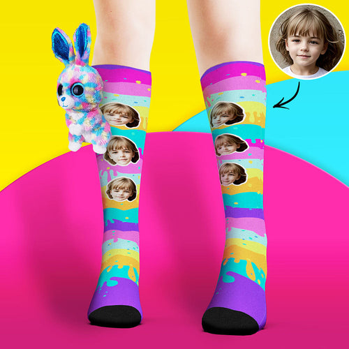 Custom Socks Knee High Face Socks Rabbit Doll Colorful Stripes Socks - MyFaceSocksAu