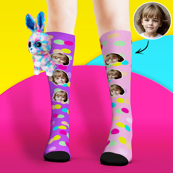 Custom Socks Knee High Face Socks Colorful Polka Dot Rabbit Doll Socks - MyFaceSocksAu