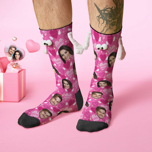 Custom Face Socks Funny Doll Mid Tube Socks Magnetic Holding Hands Socks Pink Heart Valentine's Day Gifts - MyFaceSocksAu