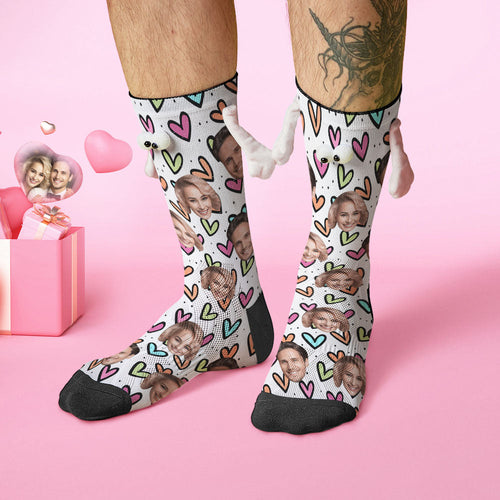 Custom Face Socks Funny Doll Mid Tube Socks Magnetic Holding Hands Socks Colorful Hearts Valentine's Day Gifts - MyFaceSocksAu