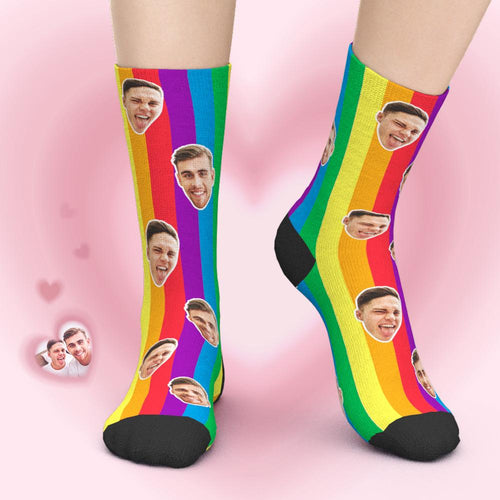 Custom Face Socks Add Pictures - LGBT Rainbow Colorful Stripes