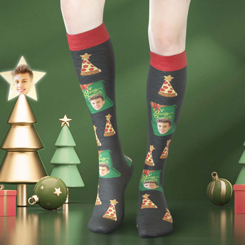 Custom Face Knee High Socks Personalised Photo Socks Christmas Hat Merry Christmas - MyFaceSocksAu