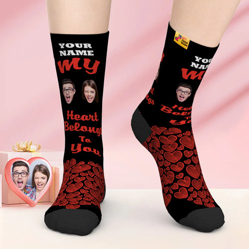Custom Face Socks Valentine's Day Gift Add Pictures and Name My Heart Belongs To You - MyFaceSocksAu