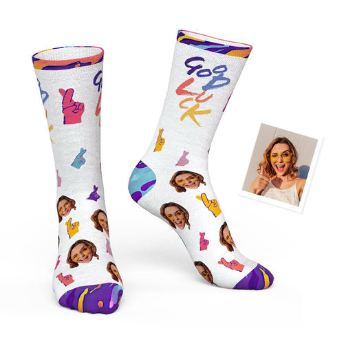 Custom Face Socks Big Text With Face Personalized Photo Socks - Good Luck