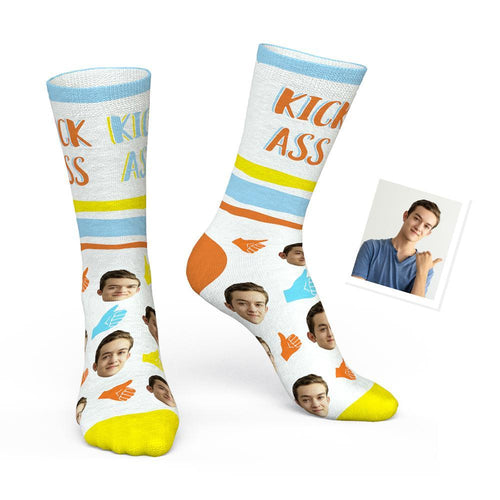 Custom Face Socks Big Text With Face Personalized Photo Socks - Kick Ass