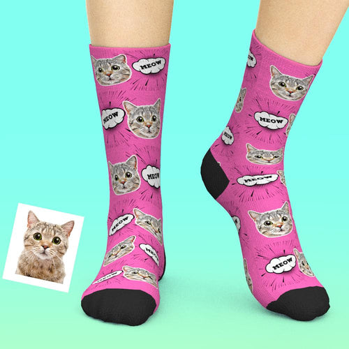 Custom Face Socks Add Pictures And Name - Comic Style Cat