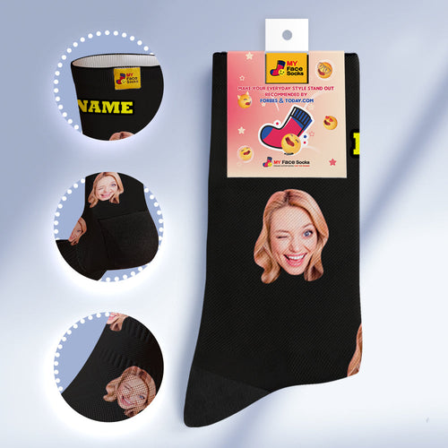 Custom Breathable Face Socks Online Preview Add Pictures And Name Colorful - Black