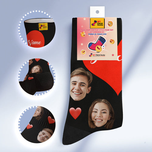 Custom Face Socks Breathable Soft Socks Add Pictures and Name - Heart -Black