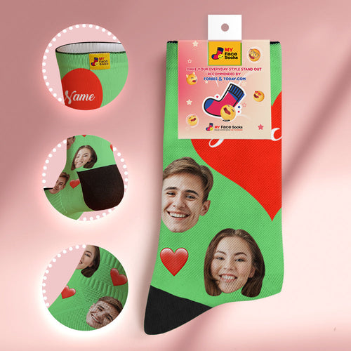 Custom Face Socks Breathable Soft Socks Add Pictures and Name - Heart -Green
