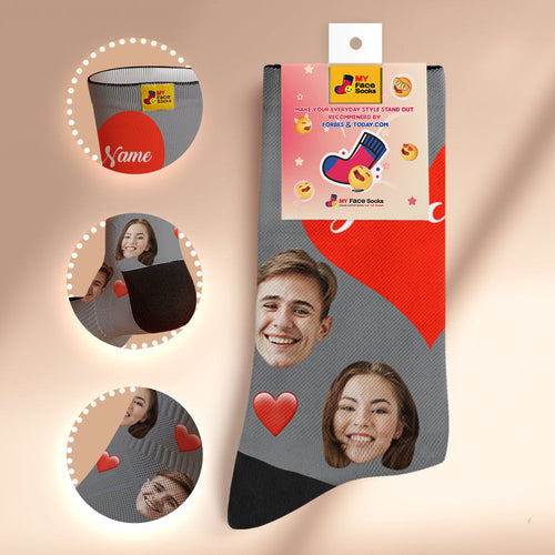 Custom Face Socks Breathable Soft Socks Add Pictures and Name - Heart -Grey