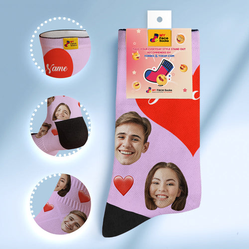 Custom Face Socks Breathable Soft Socks Add Pictures and Name - Heart -Pink