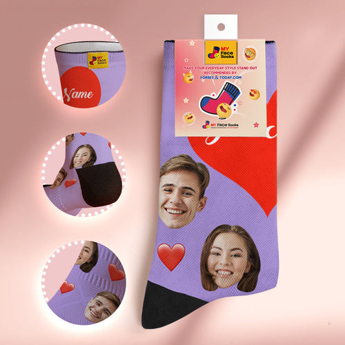 Custom Face Socks Breathable Soft Socks Add Pictures and Name - Heart -Purple