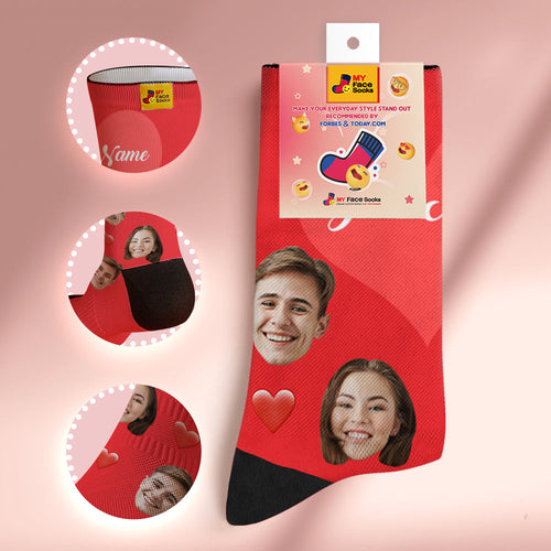 Custom Face Socks Breathable Soft Socks Add Pictures and Name - Heart -Red