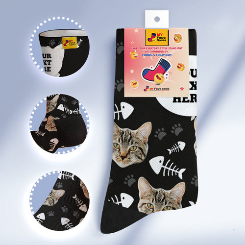 Custom Breathable Soft Socks Face Socks Add Pictures and Name - Cat - Black