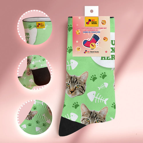 Custom Breathable Soft Socks Face Socks Add Pictures and Name - Cat - Green
