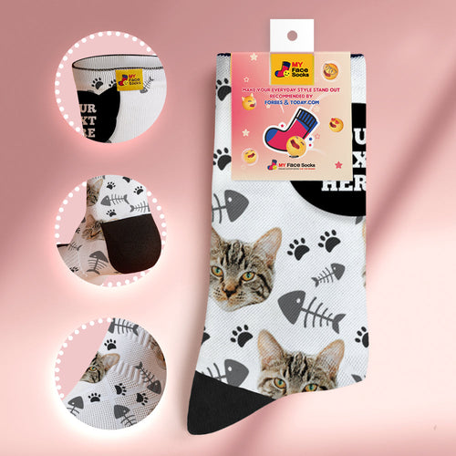 Custom Breathable Soft Socks Face Socks Add Pictures and Name - Cat - White