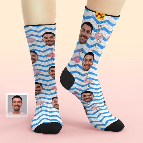 Custom Face Socks Add Pictures and Name Pink Flamingos Blue Zig Zag Breathable Soft Socks - MyFaceSocksAu