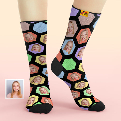 Custom Face Socks Add Pictures and Name Hexagon Breathable Soft Socks - MyFaceSocksAu