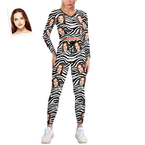 Custom Face Women's V-Neck Sweatshirt Set Stretch Casual Costume - Tiger Stripe