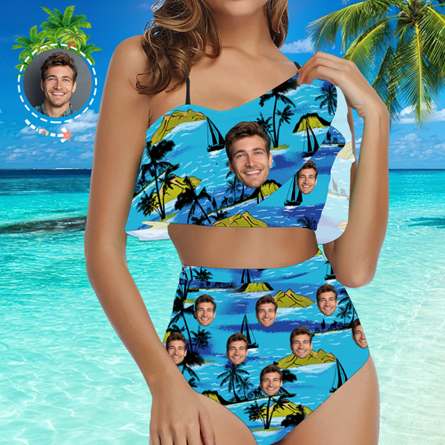 Custom Face Bikini Women's Ruffle Summer Bikini High Waisted Bathing Suits Gift For Her - Coconut Tree - MyFaceSocksAu