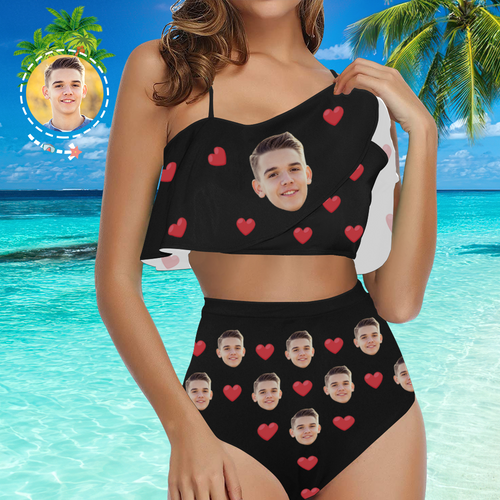 Custom Face Bikini Women's Ruffle Summer Bikini High Waisted Bathing Suits Gift For Her - Heart - MyFaceSocksAu
