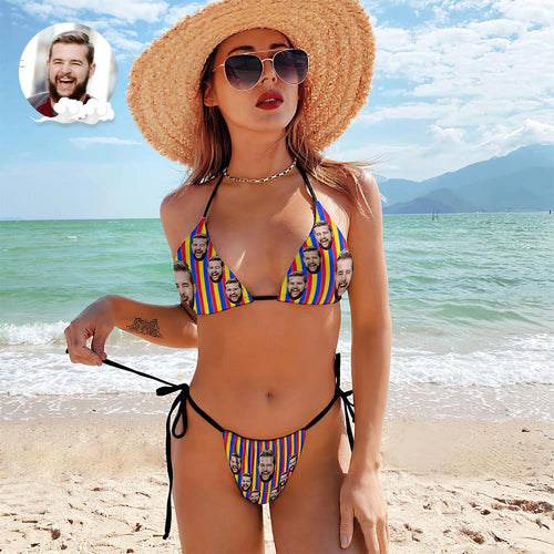 Custom Face Swimming Suit Sexy Strappy Bikini Rainbow Stripes - MyFaceSocksAu