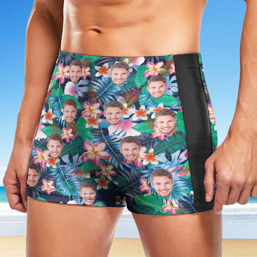 Custom Men's Swim Boxer Shorts, Hawaiian Face Swim Trunks, Peseronalized Swim Briefs - Colorful Flowers