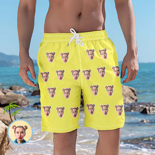 Custom Face Photo Gold Yellow Men's Beach Trunks Water Shorts