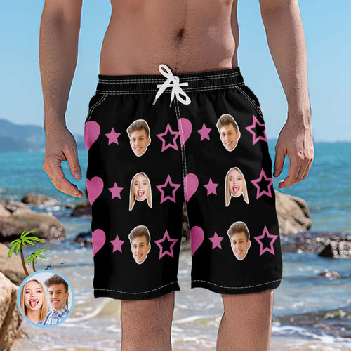 Custom Couple Face Photo Heart Star Men's Beach Trunks Water Shorts
