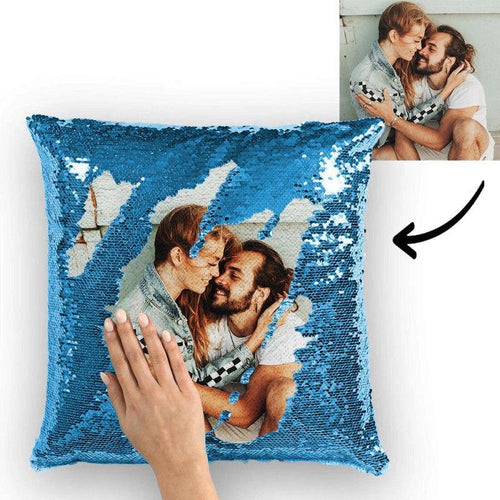 Custom Photo Magic Sequins Pillowcase Lake Blue Color Sequin Cushion 15.75inch * 15.75inch Unique Gifts - MyFaceSocksAu