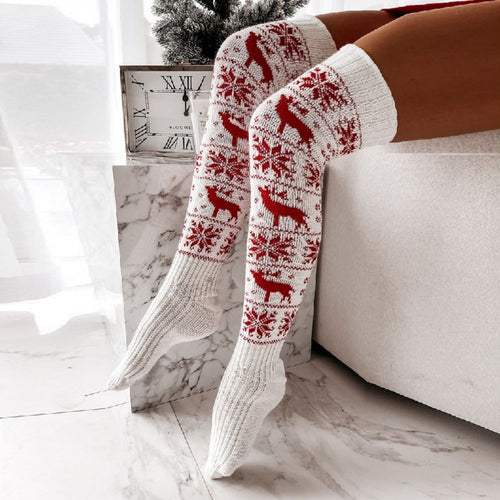 Christmas Snowflake Elk Long Tube Knitted Over The Knee Pile Women Socks - MyFaceSocksAu